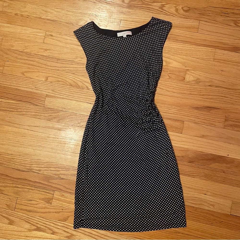 2FOR$30 Loft Navy Polkadot Stretchy Fitted Pencil Dress With Ruching - Picture 3 of 7